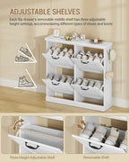 Hzuaneri 36.2" Tall Narrow Shoe Organizer, Freestanding Wooden Hidden Shoe Cabinet with 4 Flip Drawers & Adjustable Shelves, Multi-Purpose Storage Furniture for Entryway Hallway, White