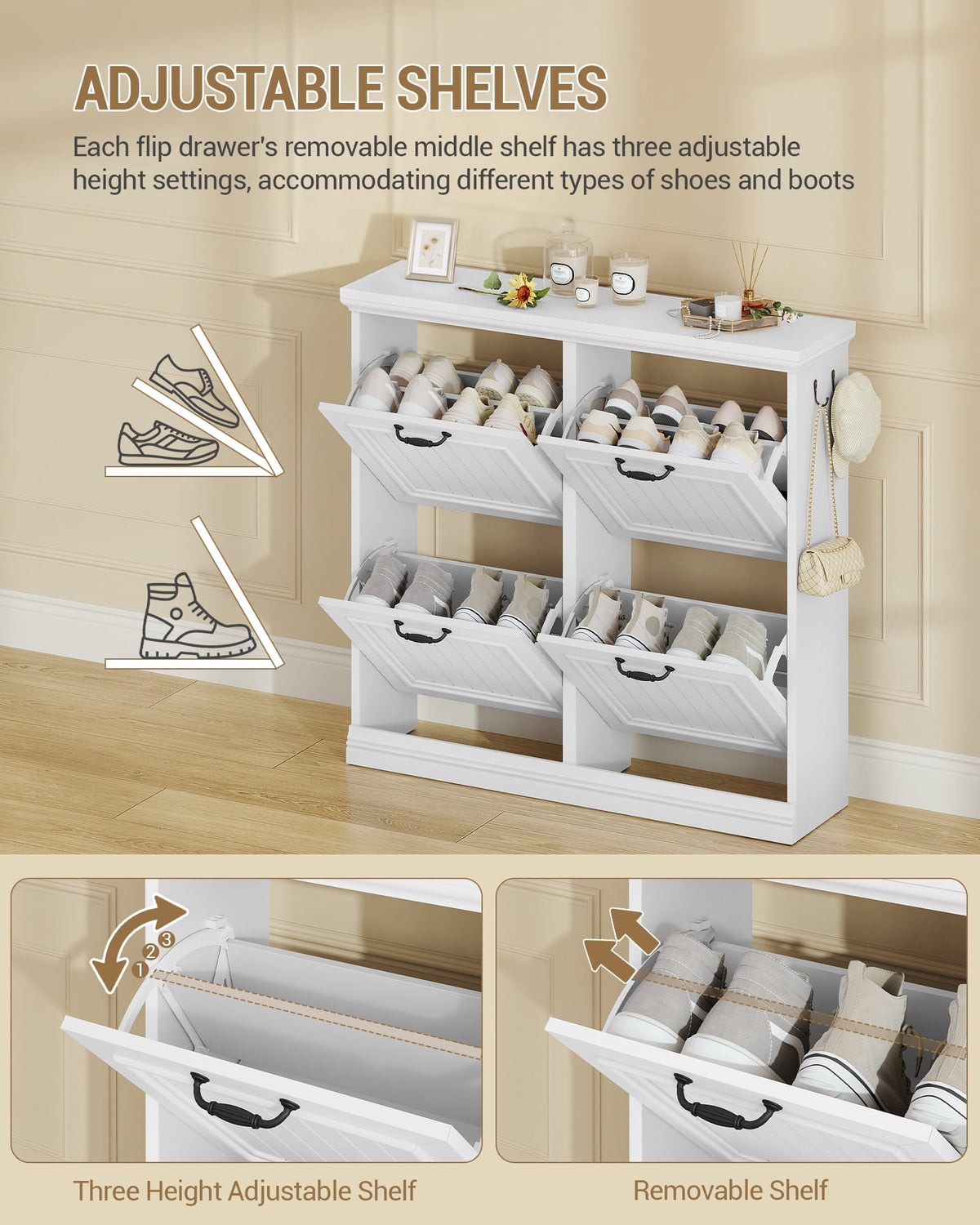 Hzuaneri 36.2" Tall Narrow Shoe Organizer, Freestanding Wooden Hidden Shoe Cabinet with 4 Flip Drawers & Adjustable Shelves, Multi-Purpose Storage Furniture for Entryway Hallway, White