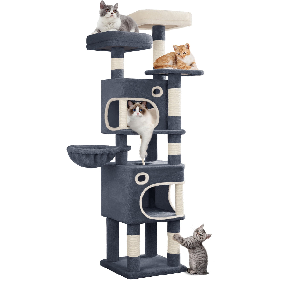 Cat Tree, 62.6‑Inch Tall Multi‑Level Cat Tower for Indoor Cats with Scratching Posts, Platforms, Cat Caves and Basket, Dark Gray