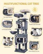 Cat Tree, 62.6‑Inch Tall Multi‑Level Cat Tower for Indoor Cats with Scratching Posts, Platforms, Cat Caves and Basket, Dark Gray