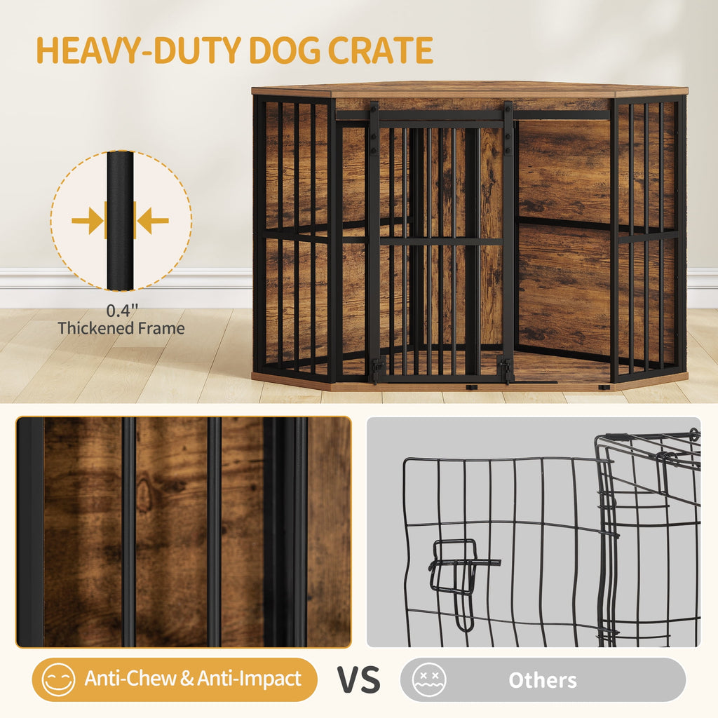 Hzuaneri Corner Dog Crate Furniture, Wooden Dog Kennel with Barn Door, Decorative Pet Cage as TV Stand, Indoor Heavy Duty Dog Kennel for Small Medium Dogs, Rustic Brown