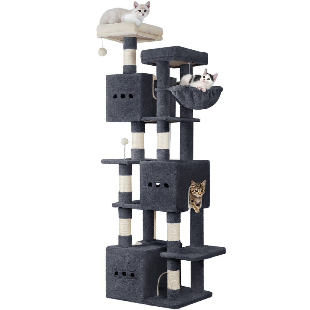Hzuaneri Large Cat Tree, 193 cm High, XXL Cat Tree, with 7 Scratching Posts, 3 Caves, 2 Platforms, 2 Plush Balls, Basket