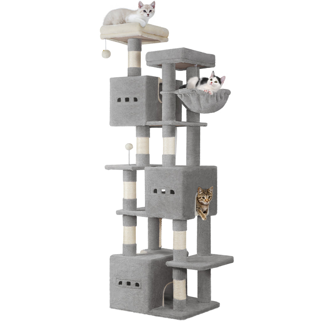 Hzuaneri Large Cat Tree, 193 cm High, XXL Cat Tree, with 7 Scratching Posts, 3 Caves, 2 Platforms, 2 Plush Balls, Basket
