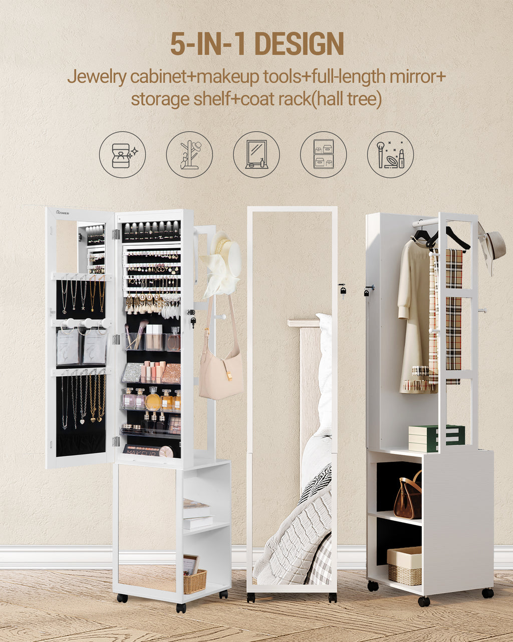 Hzuaneri Jewelry Cabinet, Jewelry Mirror Cabinet, Standing Jewelry Organizer with 1 Clothes Rack, White and Black