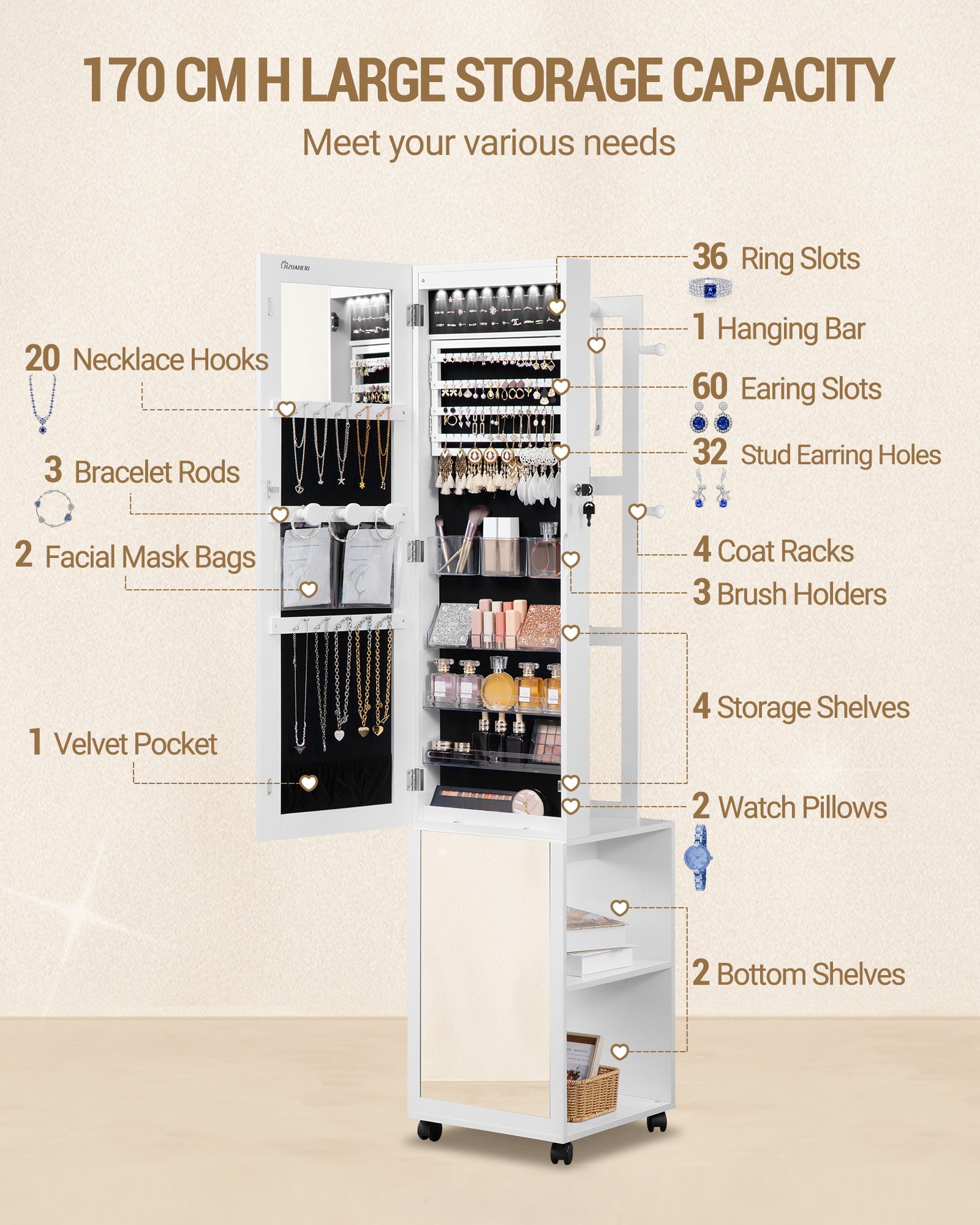 Hzuaneri Jewelry Cabinet, Jewelry Mirror Cabinet, Standing Jewelry Organizer with 1 Clothes Rack, White and Black