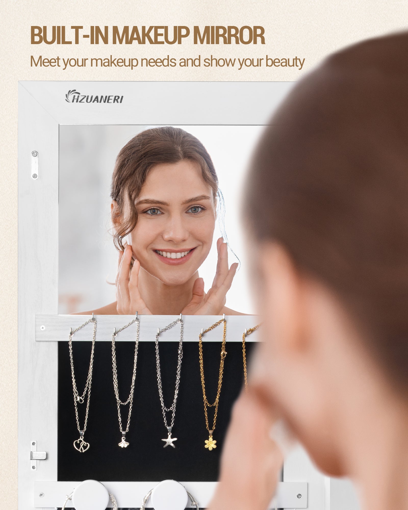 Hzuaneri Jewelry Cabinet, Jewelry Mirror Cabinet, Standing Jewelry Organizer with 1 Clothes Rack, White and Black