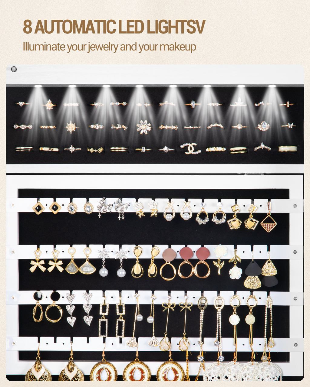 Hzuaneri Jewelry Cabinet, Jewelry Mirror Cabinet, Standing Jewelry Organizer with 1 Clothes Rack, White and Black