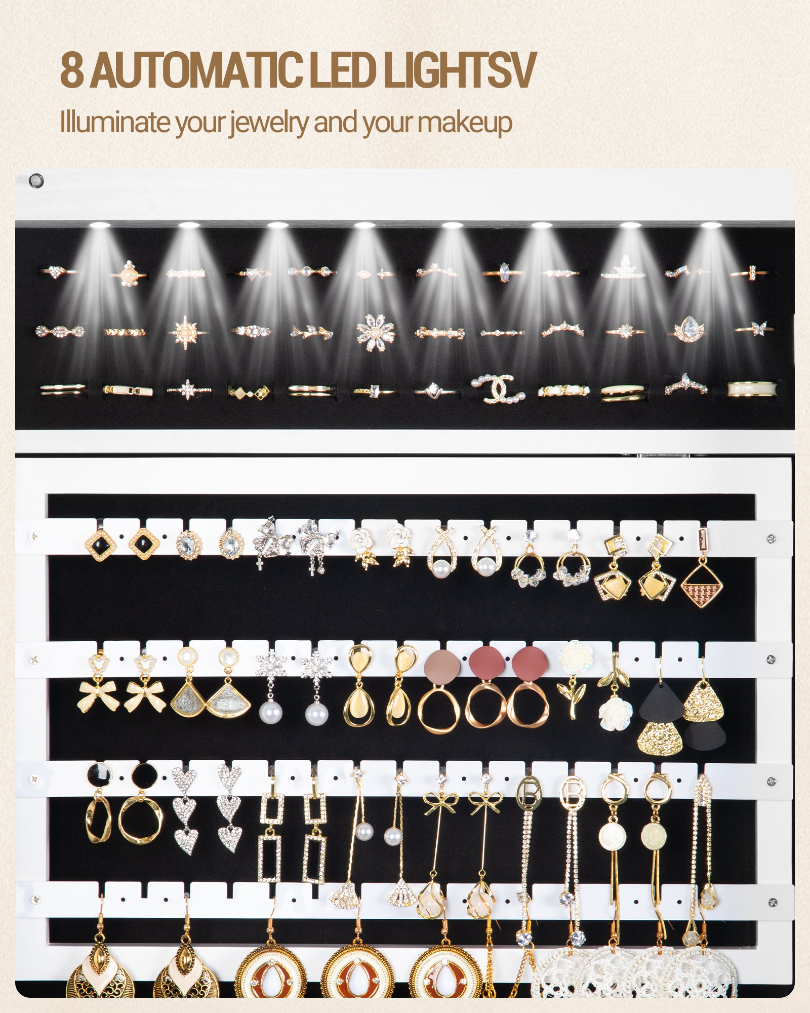 Hzuaneri Jewelry Cabinet, Jewelry Mirror Cabinet, Standing Jewelry Organizer with 1 Clothes Rack, White and Black