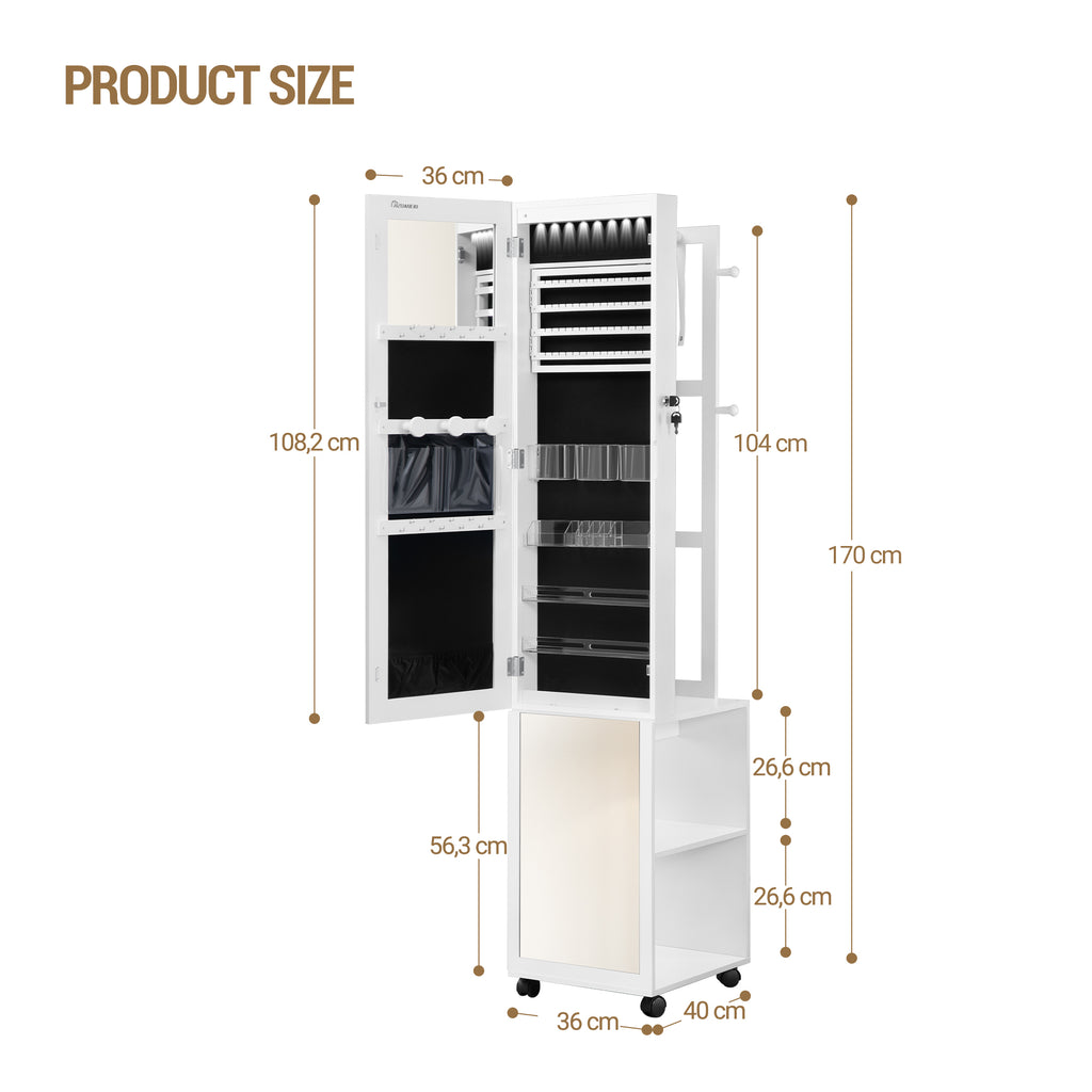 Hzuaneri Jewelry Cabinet, Jewelry Mirror Cabinet, Standing Jewelry Organizer with 1 Clothes Rack, White and Black