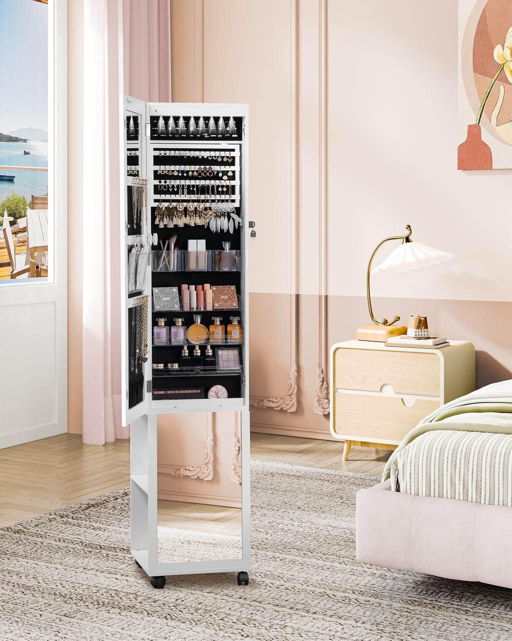 Hzuaneri Jewelry Cabinet, Jewelry Mirror Cabinet, Standing Jewelry Organizer with 1 Clothes Rack, White and Black