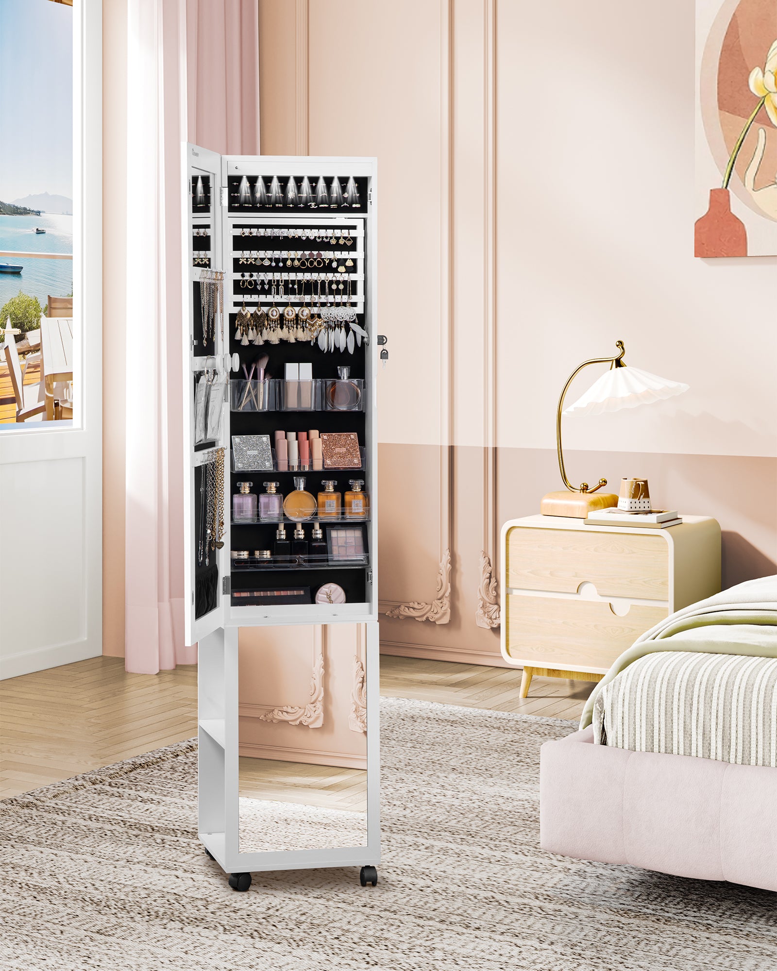 Hzuaneri Jewelry Cabinet, Jewelry Mirror Cabinet, Standing Jewelry Organizer with 1 Clothes Rack, White and Black