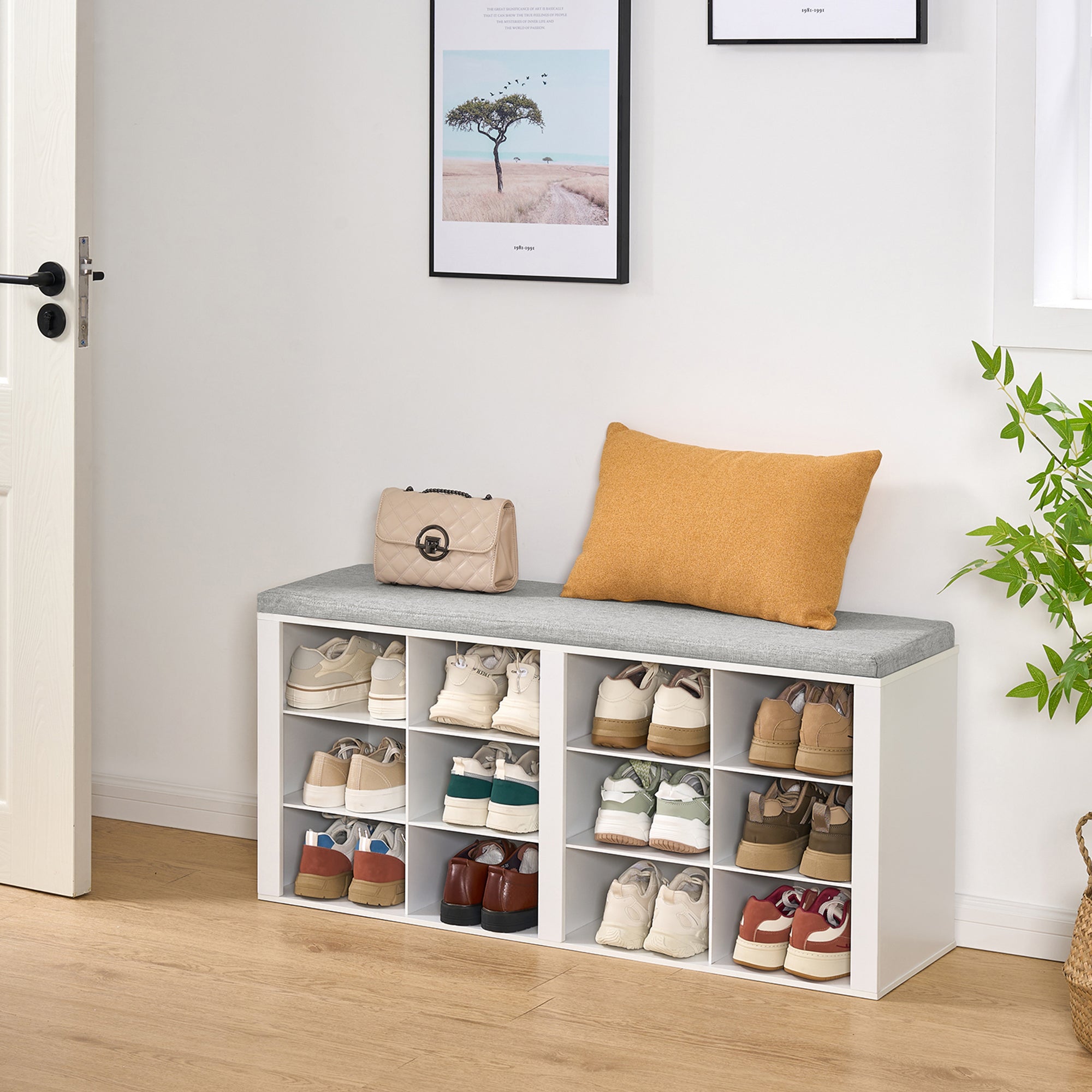 Hzuaneri Shoe Bench With Seat, Shoe Cabinet With Bench And 12 Compartments, White-Grey