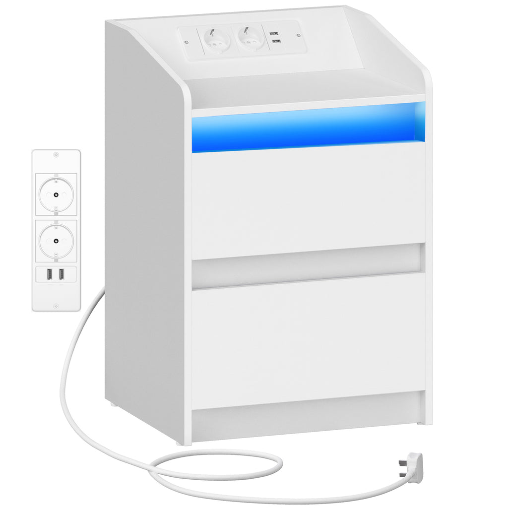 Hzuaneri Bedside Table with LED Lights & Charging Station, 2 Drawers, USB Ports and Power Outlets, White