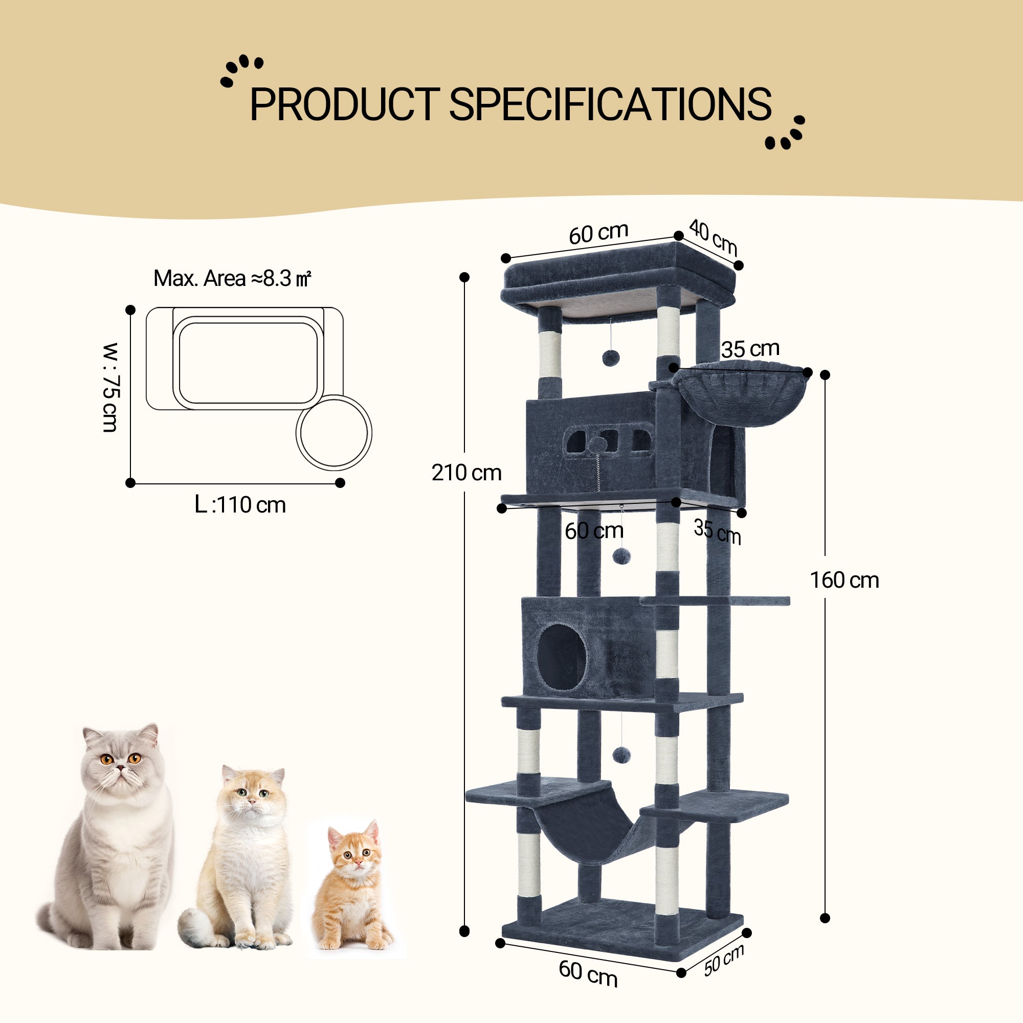 Hzuaneri Cat Tree,  Large Cat Tower for Indoor Cats, Multi-Level Cat House with Condo