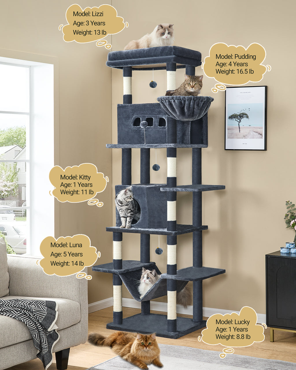 Hzuaneri Cat Tree,  Large Cat Tower for Indoor Cats, Multi-Level Cat House with Condo