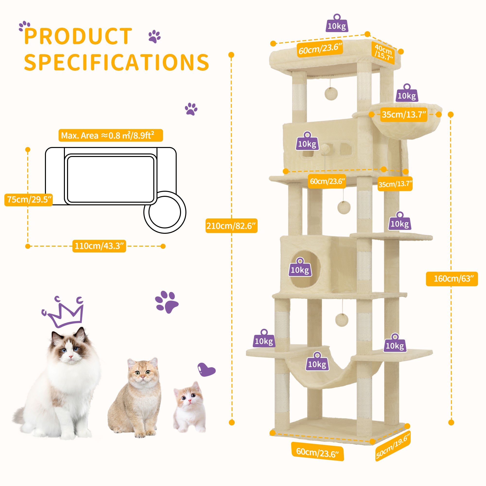 Hzuaneri Cat Tree,  Large Cat Tower for Indoor Cats, Multi-Level Cat House with Condo