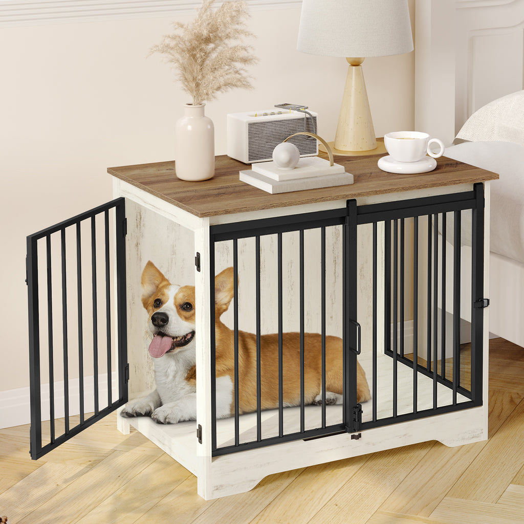 Hzuaneri Dog Crate Furniture, 81cm Dog Box for Home Use, Sliding Doors, White Brown