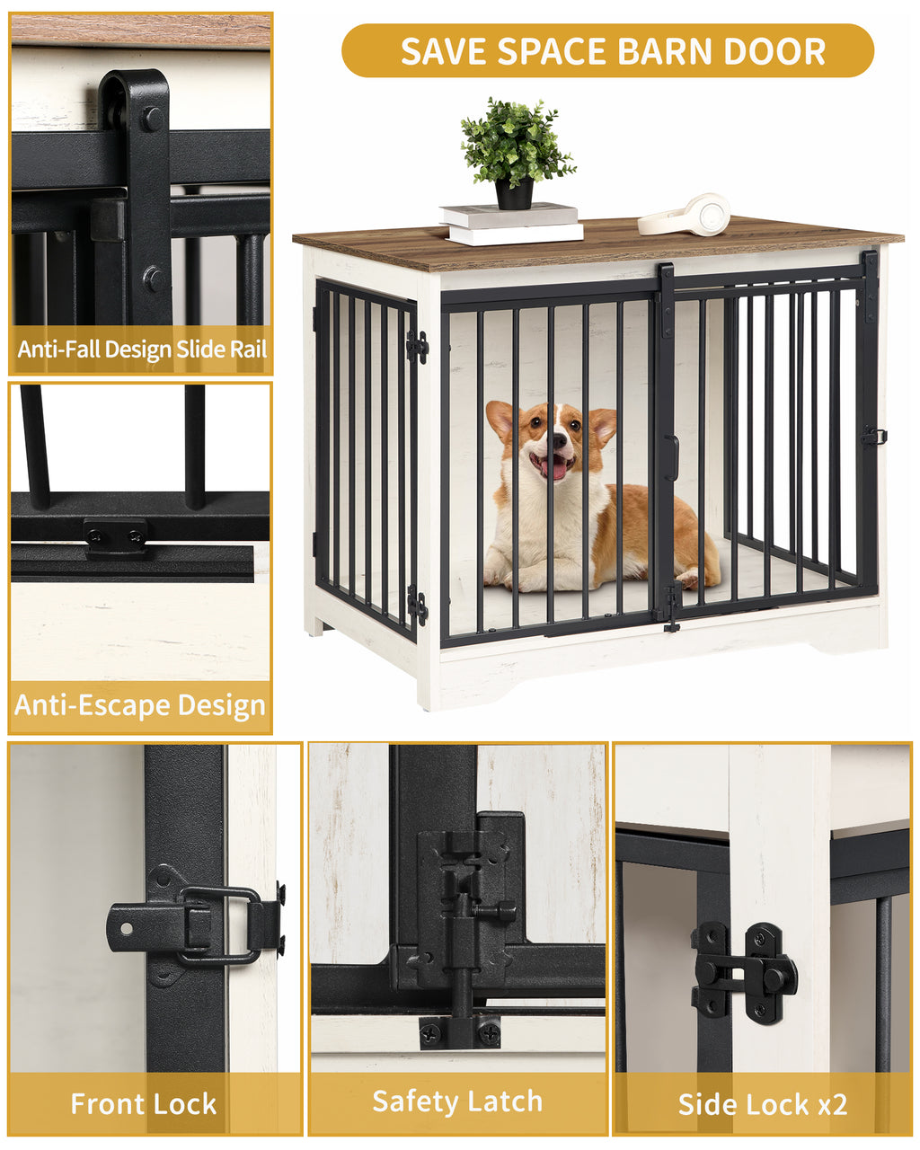 Hzuaneri Dog Crate Furniture, 81cm Dog Box for Home Use, Sliding Doors, White Brown