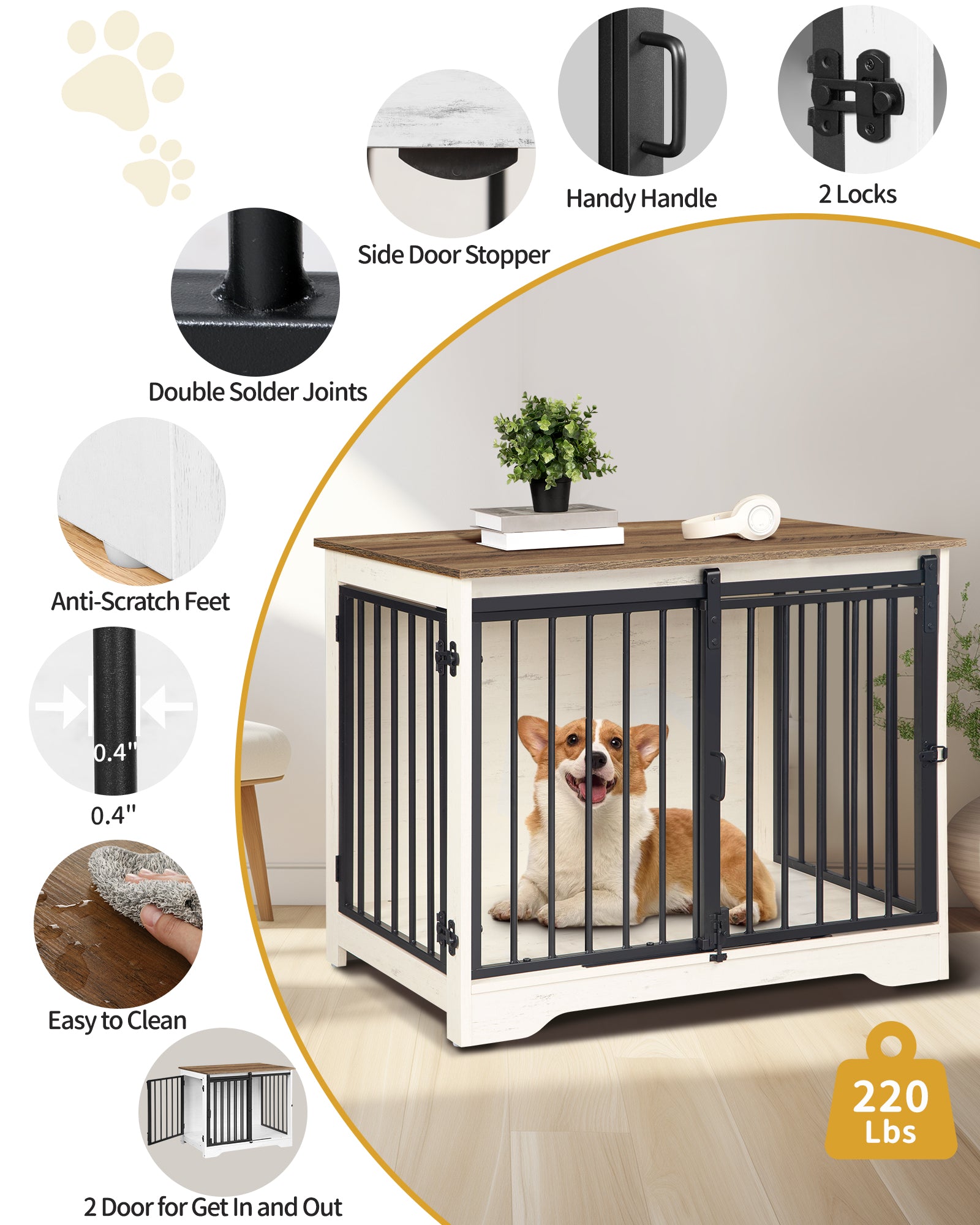 Hzuaneri Dog Crate Furniture, 81cm Dog Box for Home Use, Sliding Doors, White Brown