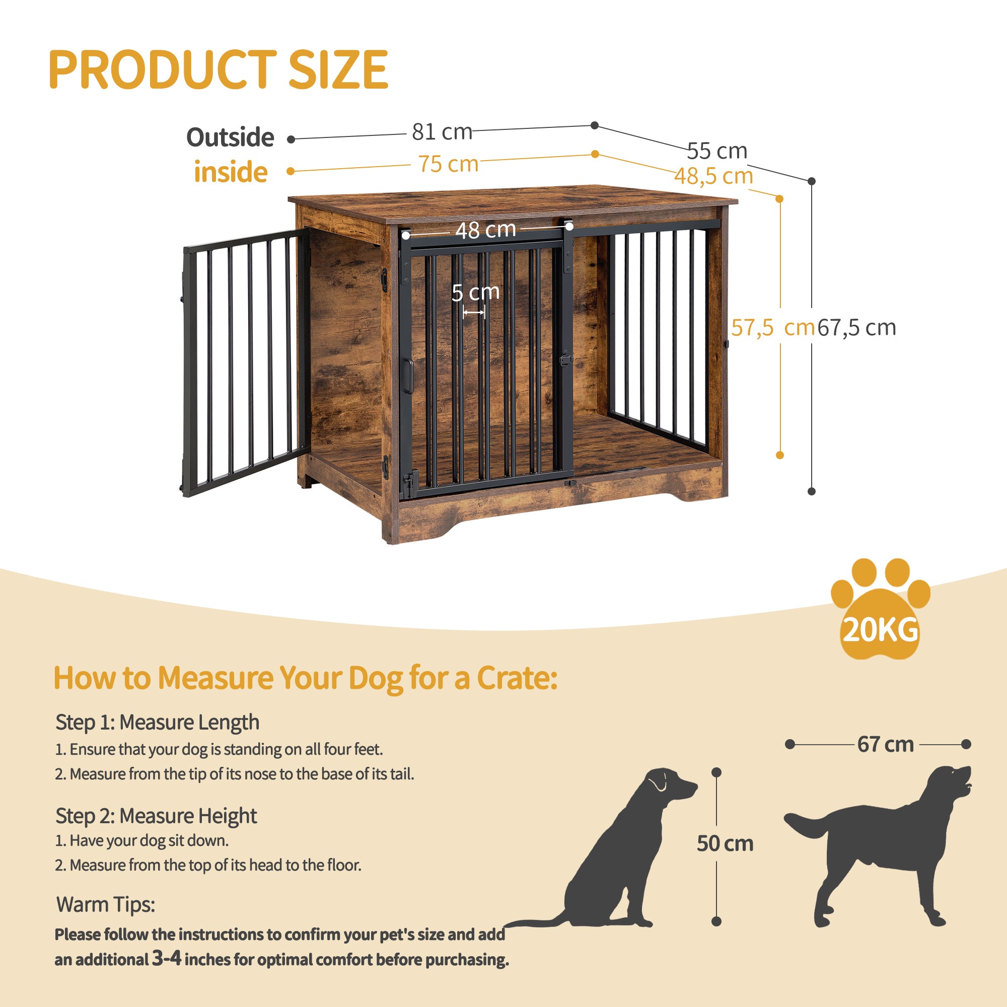 Hzuaneri Dog Crate Furniture, 81cm Dog Box for Home Use, Sliding Doors, 2 Doors, Modern Wooden Indoor Dog Box for Small/Medium Dogs, Dog Crate for Home Use, 81 x 55 x 67.5cm, Vintage Brown DFC83601B