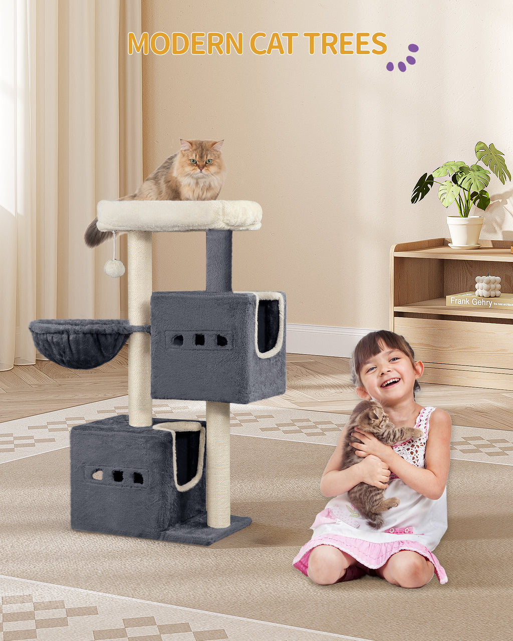 Hzuaneri Kratzbaum, 98 cm Stabil Katzenbaum, Katzenkratzbaum mit Großer Liegefläche, Katzenhöhle, Sisalstämme, Korb