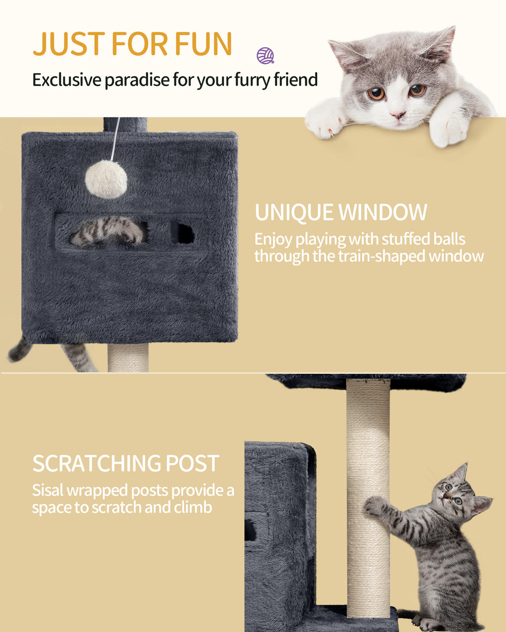 Hzuaneri Kratzbaum, 98 cm Stabil Katzenbaum, Katzenkratzbaum mit Großer Liegefläche, Katzenhöhle, Sisalstämme, Korb