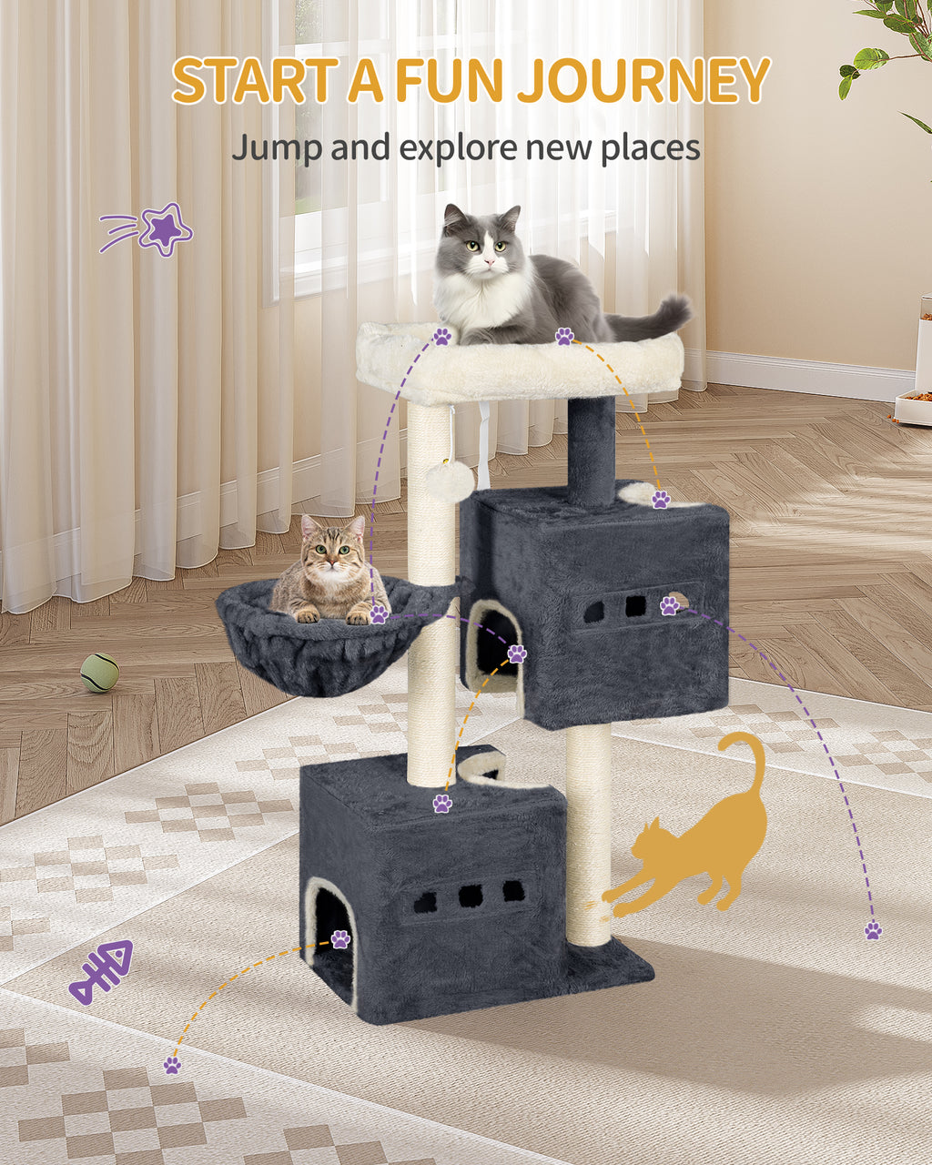 Hzuaneri Kratzbaum, 98 cm Stabil Katzenbaum, Katzenkratzbaum mit Großer Liegefläche, Katzenhöhle, Sisalstämme, Korb