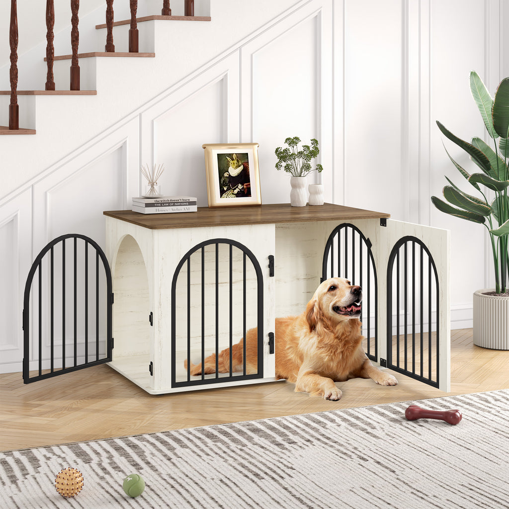 Hzuaneri Dog Cage Furniture, 100cm Dog Box for Home Use, 3 Doors, Arched Door, White Brown