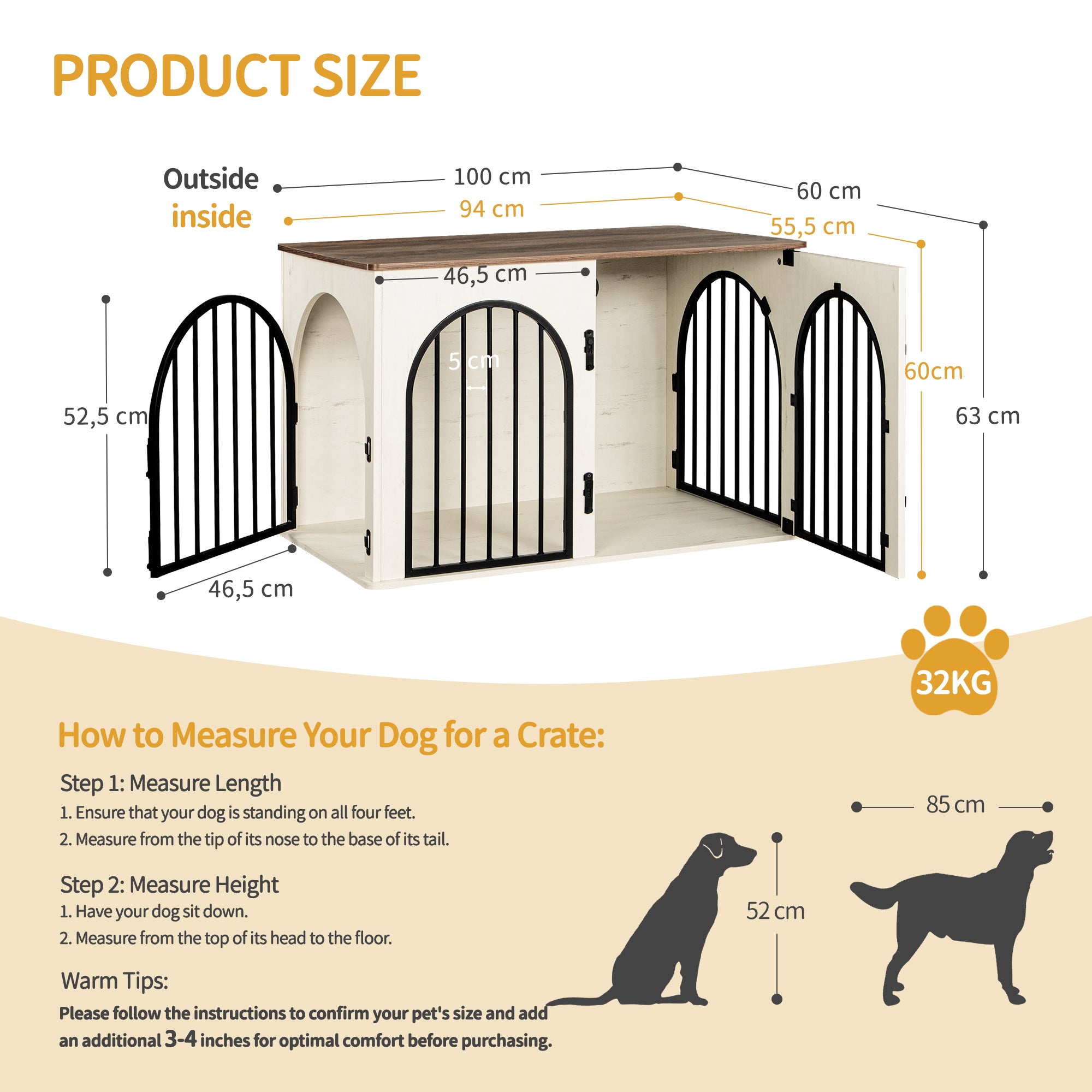 Hzuaneri Dog Cage Furniture, 100cm Dog Box for Home Use, 3 Doors, Arched Door, White Brown