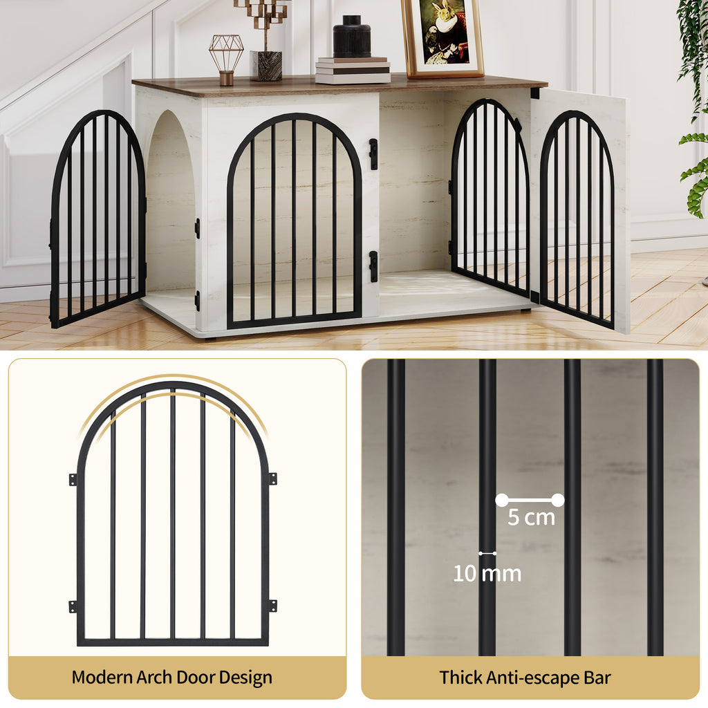 Hzuaneri Dog Cage Furniture, 100cm Dog Box for Home Use, 3 Doors, Arched Door, White Brown
