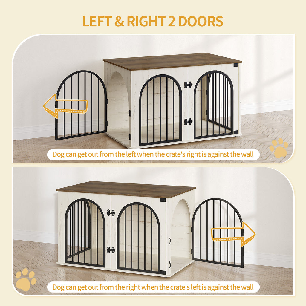 Hzuaneri Dog Cage Furniture, 100cm Dog Box for Home Use, 3 Doors, Arched Door, White Brown