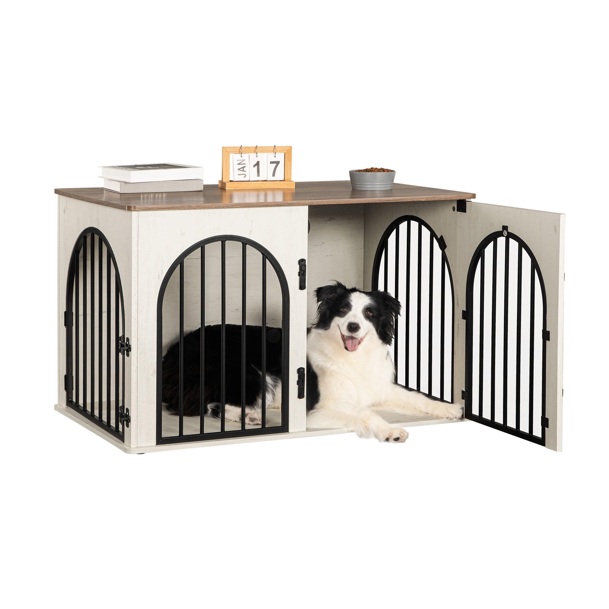 Hzuaneri Dog Cage Furniture, 100cm Dog Box for Home Use, 3 Doors, Arched Door, White Brown