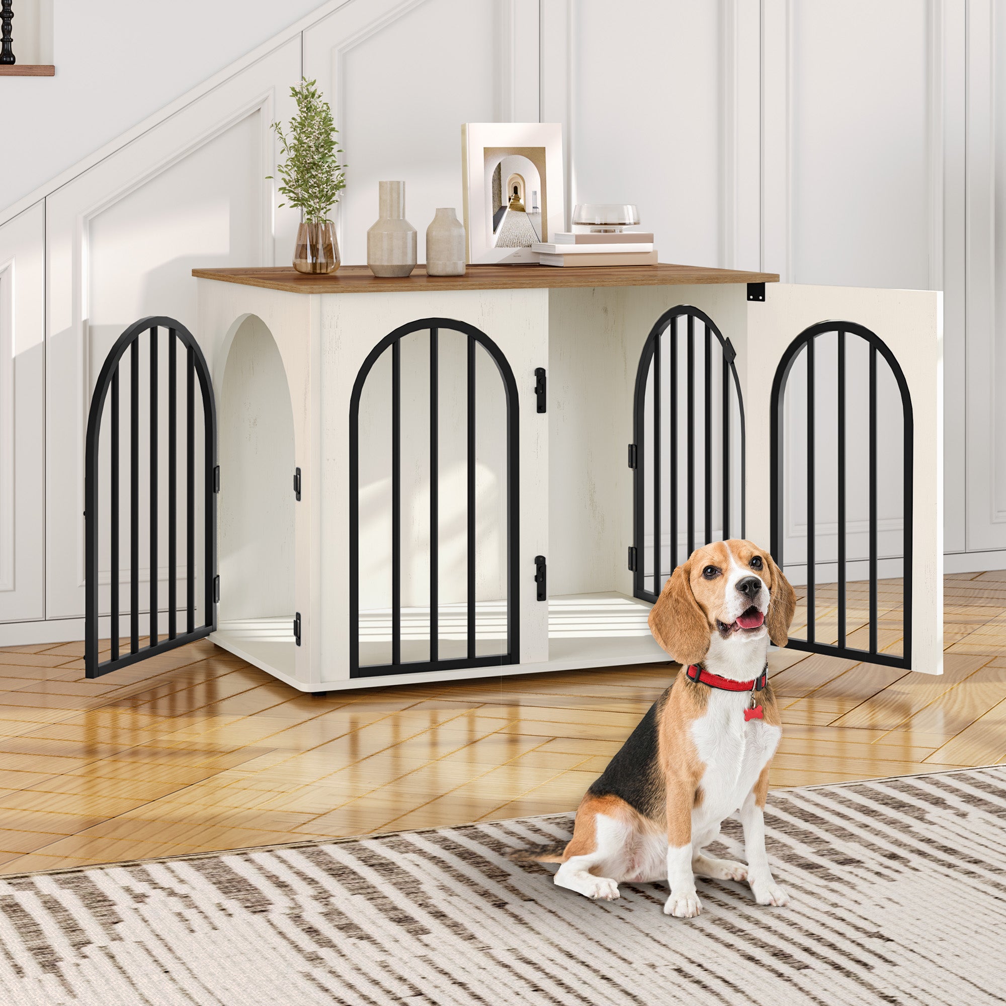 Hzuaneri Dog Cage Furniture, 80cm Dog Box for Home, 3 Doors, Arched Door, White Brown