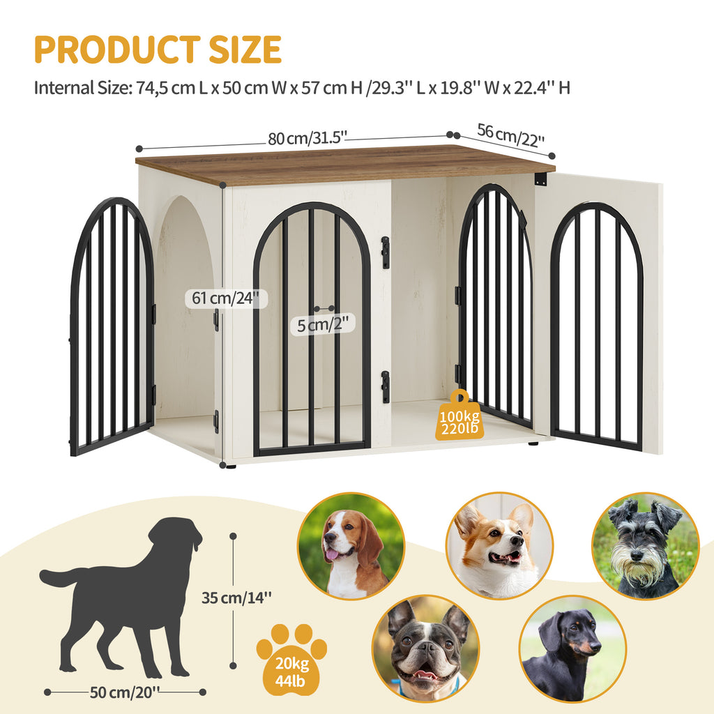 Hzuaneri Dog Cage Furniture, 80cm Dog Box for Home, 3 Doors, Arched Door, White Brown