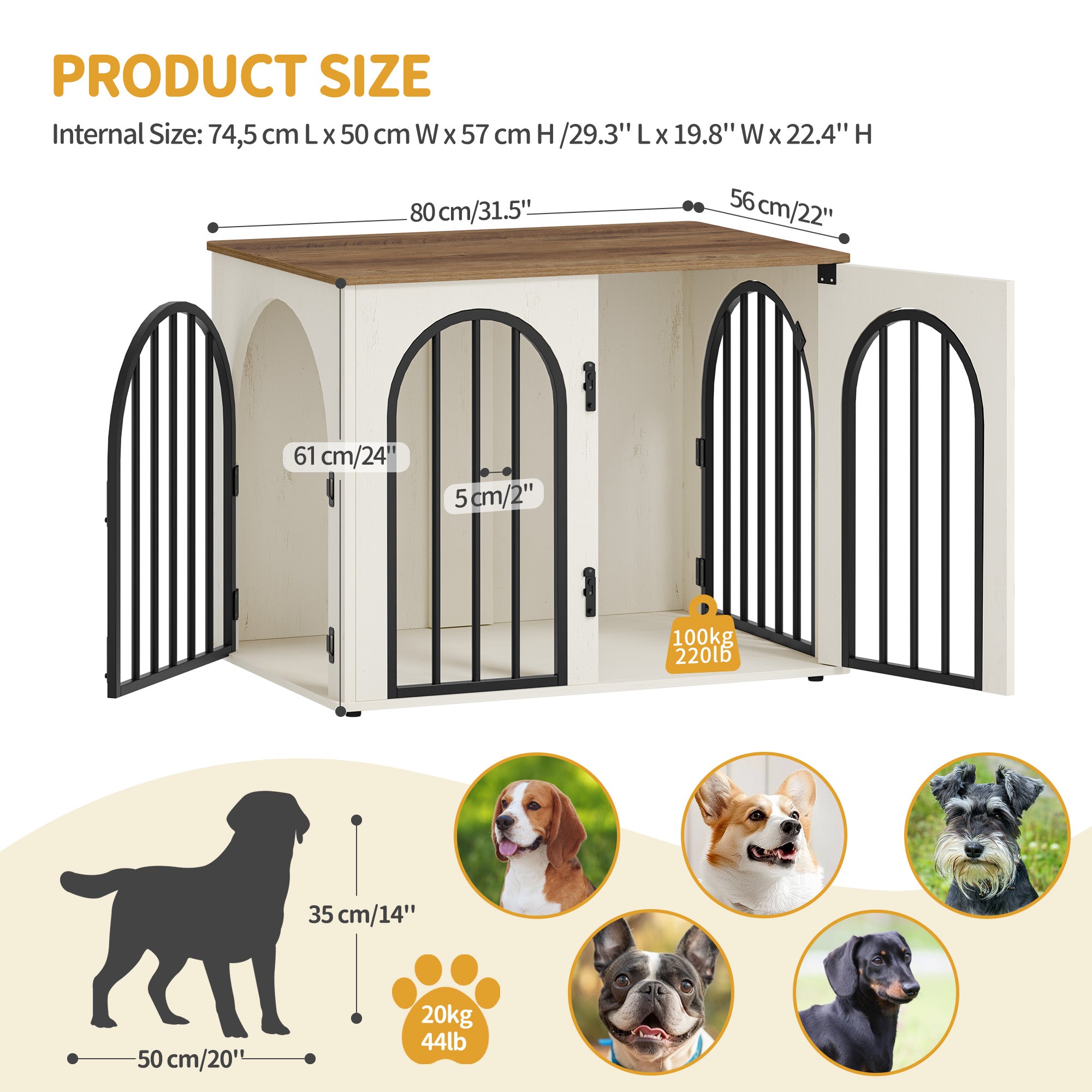 Hzuaneri Dog Cage Furniture, 80cm Dog Box for Home, 3 Doors, Arched Door, White Brown