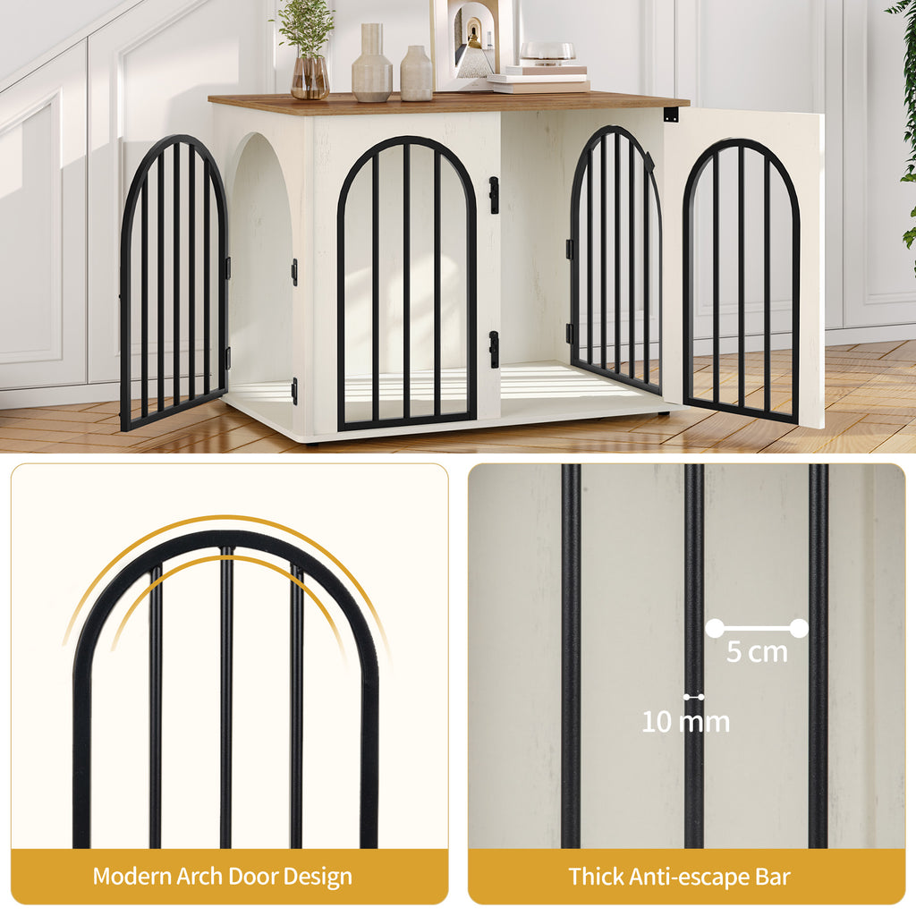 Hzuaneri Dog Cage Furniture, 80cm Dog Box for Home, 3 Doors, Arched Door, White Brown