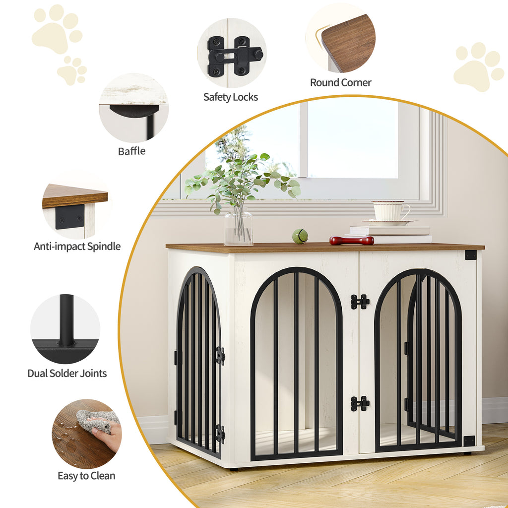Hzuaneri Dog Cage Furniture, 80cm Dog Box for Home, 3 Doors, Arched Door, White Brown