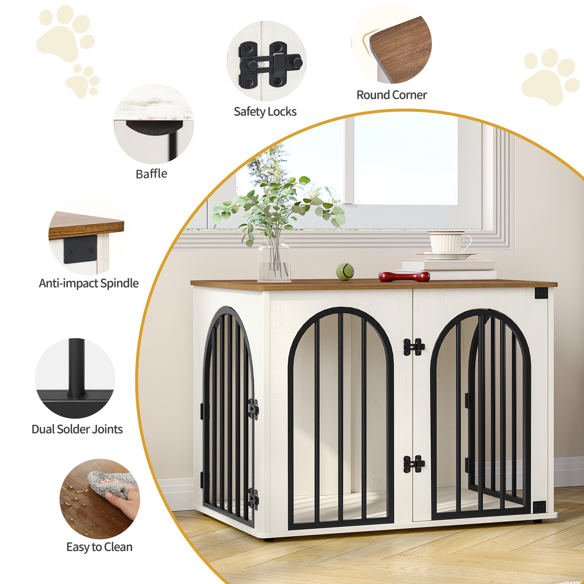 Hzuaneri Dog Cage Furniture, 80cm Dog Box for Home, 3 Doors, Arched Door, White Brown