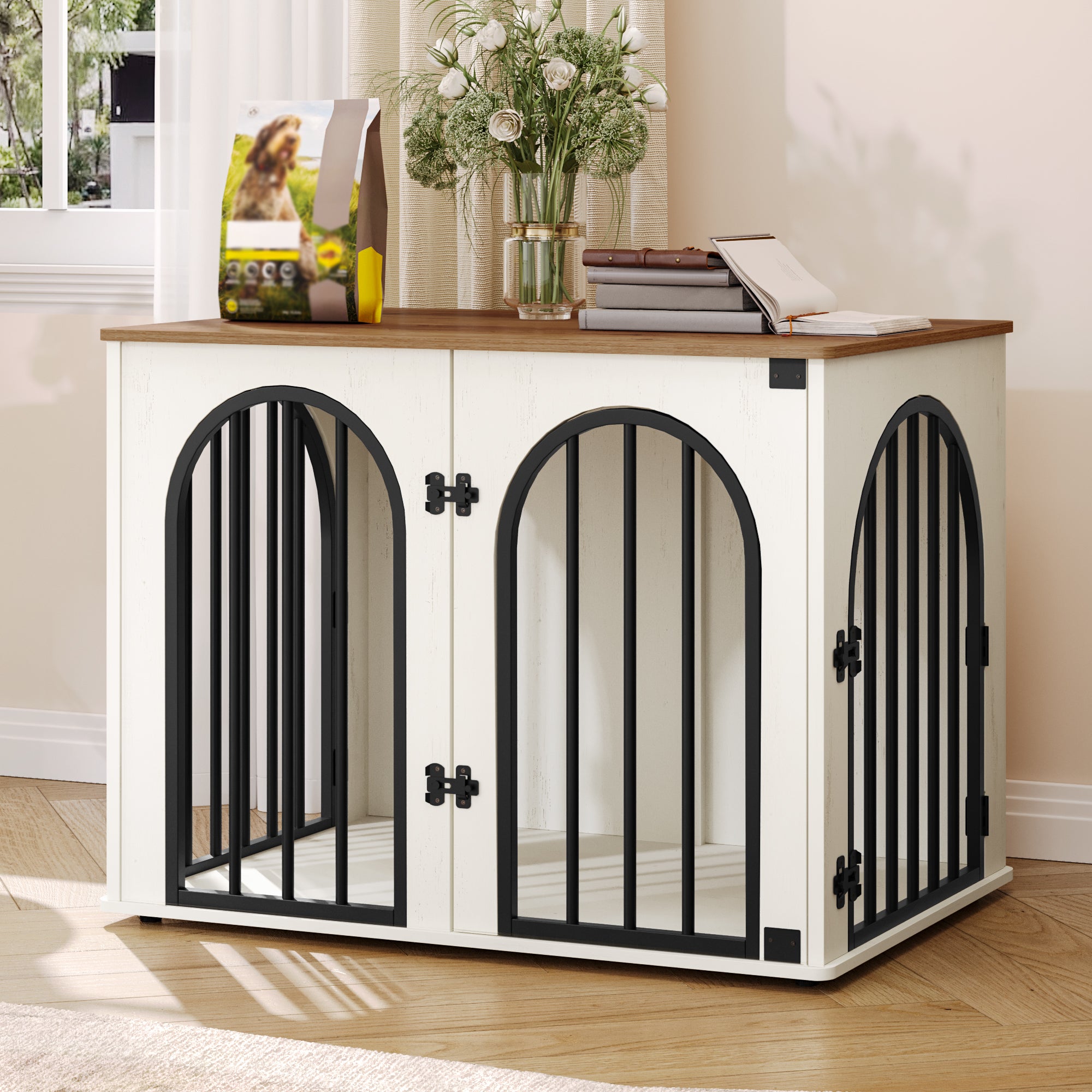 Hzuaneri Dog Cage Furniture, 80cm Dog Box for Home, 3 Doors, Arched Door, White Brown