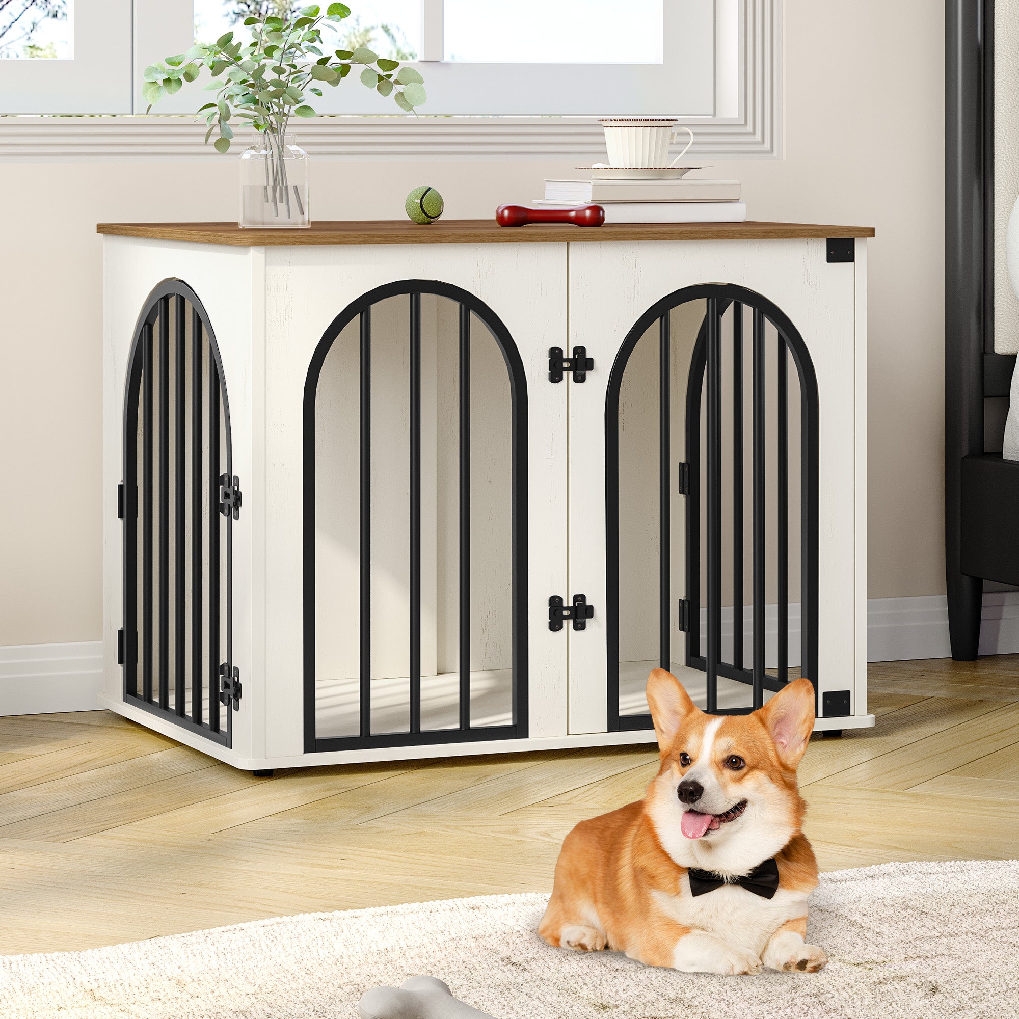 Hzuaneri Dog Cage Furniture, 80cm Dog Box for Home, 3 Doors, Arched Door, White Brown