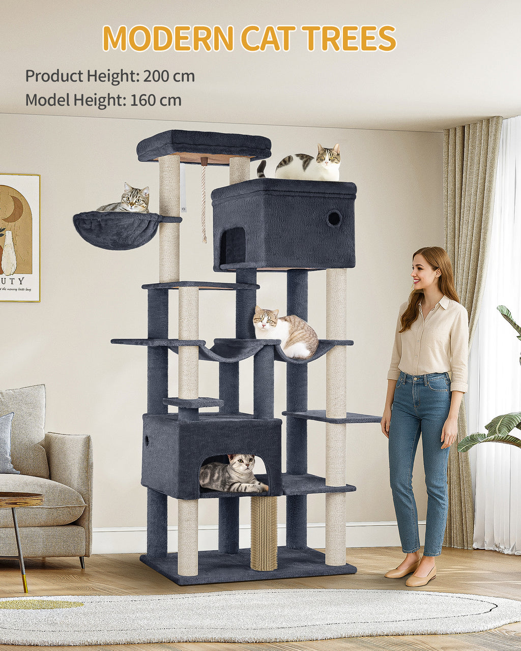 Hzuaneri Cat Scratching Post 200 cm XXL with 10 Scratching Posts, 2 Caves, 2 Hammocks, Large Platform, Cat Brushes, Basket, Heavy Cat Tree for Maine Coon, Large Cats, Dark Grey MS20018SG