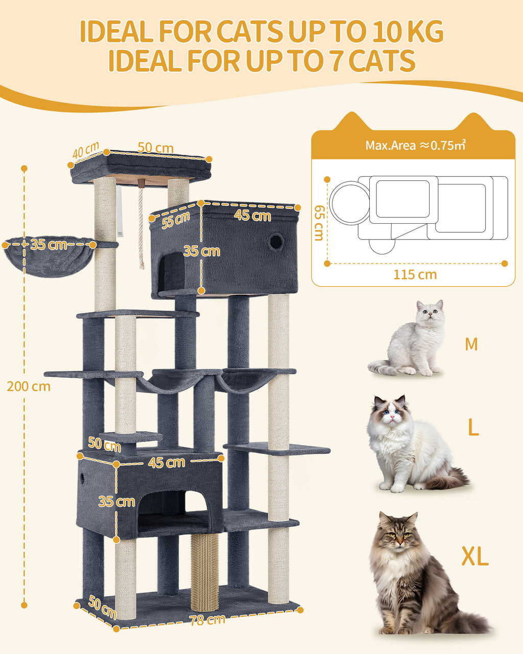 Hzuaneri Cat Scratching Post 200 cm XXL with 10 Scratching Posts, 2 Caves, 2 Hammocks, Large Platform, Cat Brushes, Basket, Heavy Cat Tree for Maine Coon, Large Cats, Dark Grey MS20018SG