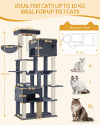 Hzuaneri Cat Scratching Post 200 cm XXL with 10 Scratching Posts, 2 Caves, 2 Hammocks, Large Platform, Cat Brushes, Basket, Heavy Cat Tree for Maine Coon, Large Cats, Dark Grey MS20018SG