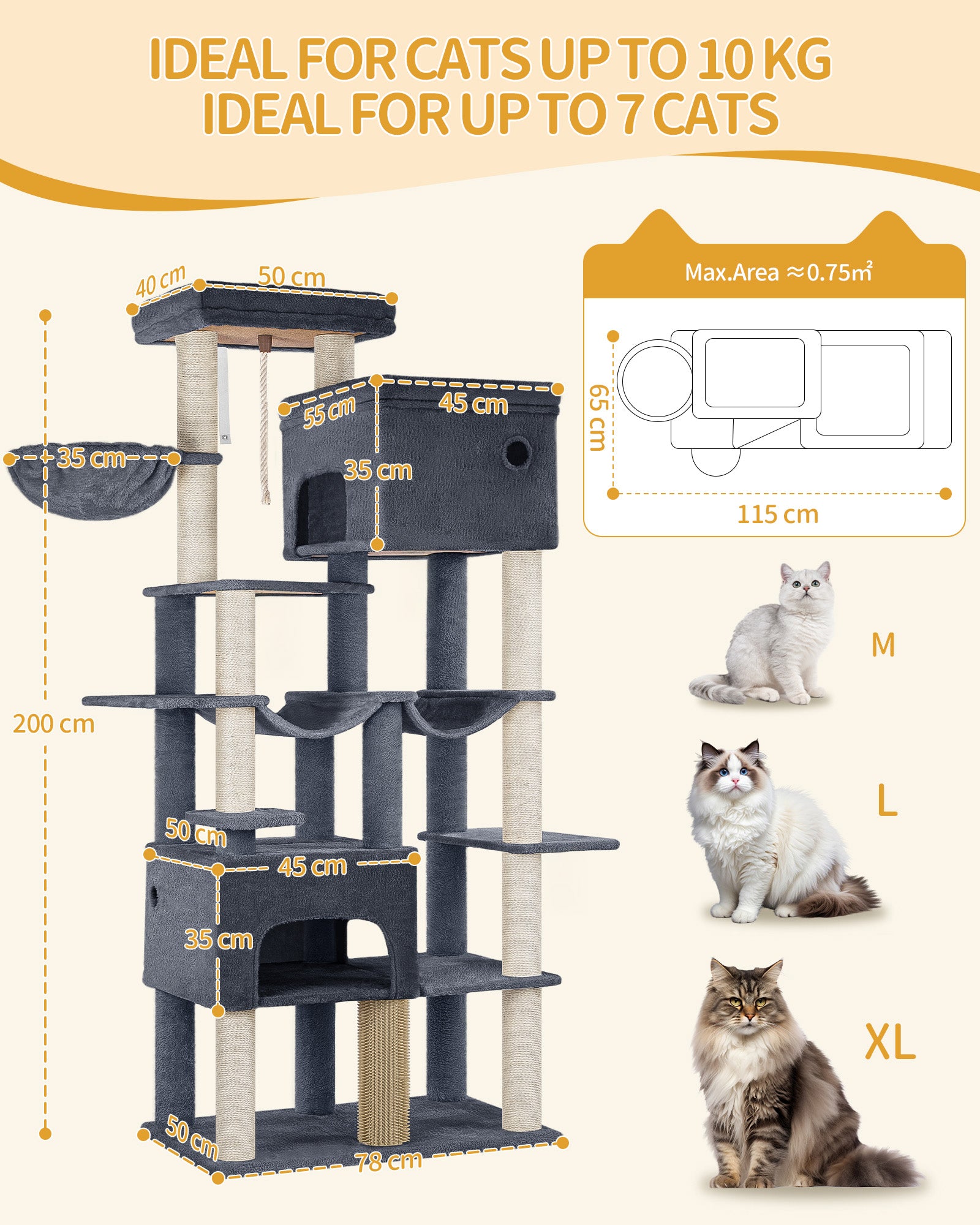 Hzuaneri Cat Scratching Post 200 cm XXL with 10 Scratching Posts, 2 Caves, 2 Hammocks, Large Platform, Cat Brushes, Basket, Heavy Cat Tree for Maine Coon, Large Cats, Dark Grey MS20018SG