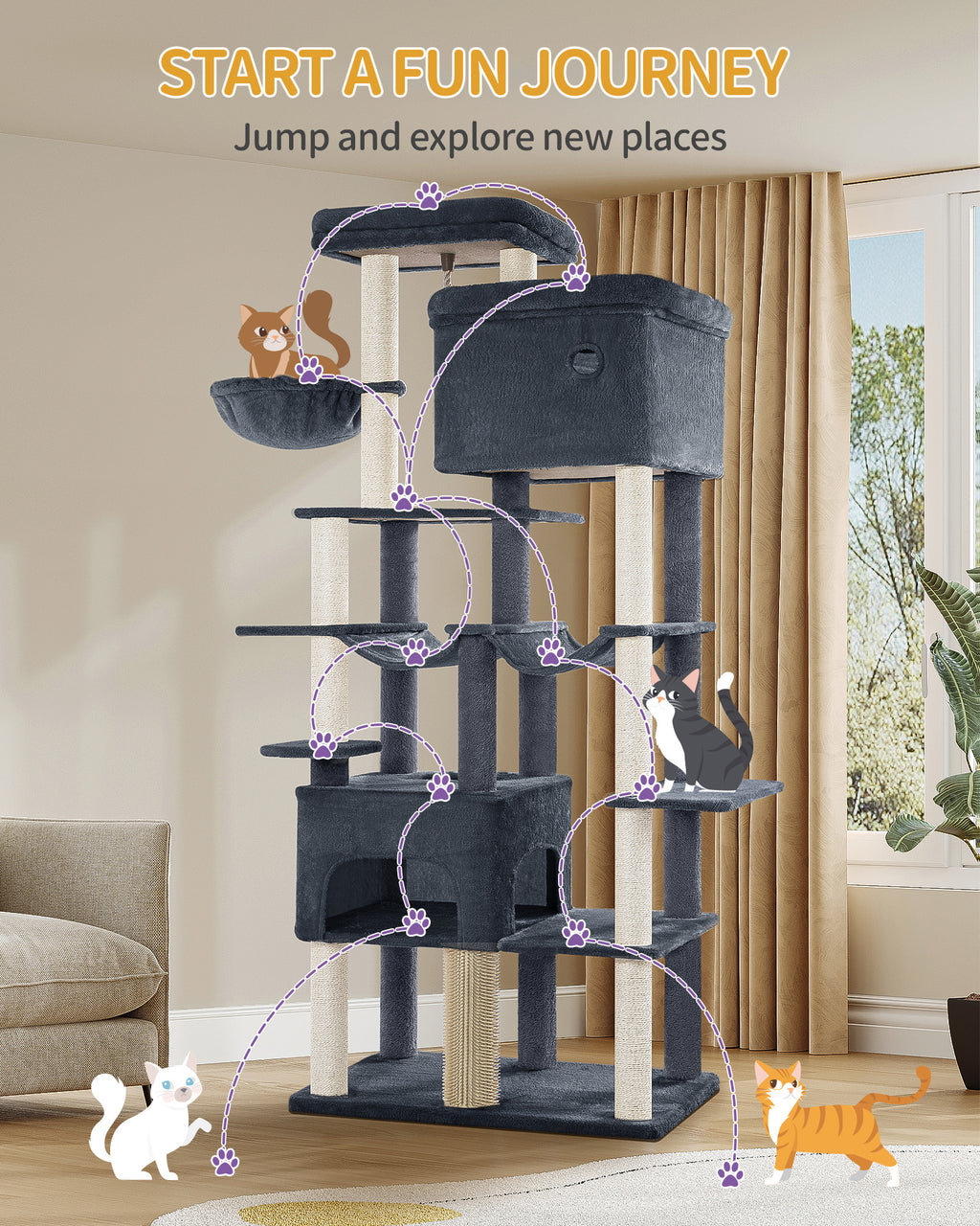 Hzuaneri Cat Scratching Post 200 cm XXL with 10 Scratching Posts, 2 Caves, 2 Hammocks, Large Platform, Cat Brushes, Basket, Heavy Cat Tree for Maine Coon, Large Cats, Dark Grey MS20018SG