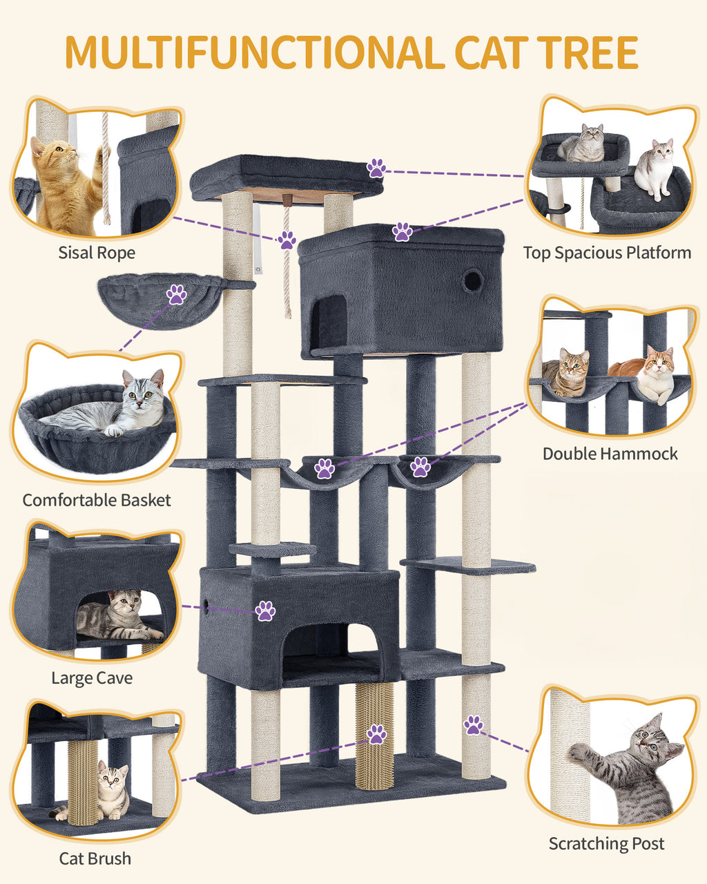 Hzuaneri Cat Scratching Post 200 cm XXL with 10 Scratching Posts, 2 Caves, 2 Hammocks, Large Platform, Cat Brushes, Basket, Heavy Cat Tree for Maine Coon, Large Cats, Dark Grey MS20018SG