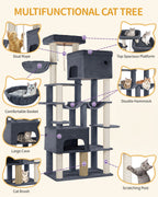 Hzuaneri Cat Scratching Post 200 cm XXL with 10 Scratching Posts, 2 Caves, 2 Hammocks, Large Platform, Cat Brushes, Basket, Heavy Cat Tree for Maine Coon, Large Cats, Dark Grey MS20018SG
