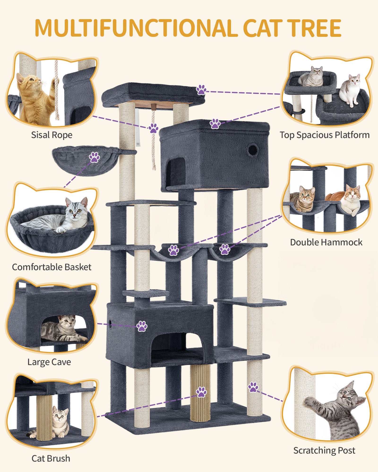 Hzuaneri Cat Scratching Post 200 cm XXL with 10 Scratching Posts, 2 Caves, 2 Hammocks, Large Platform, Cat Brushes, Basket, Heavy Cat Tree for Maine Coon, Large Cats, Dark Grey MS20018SG
