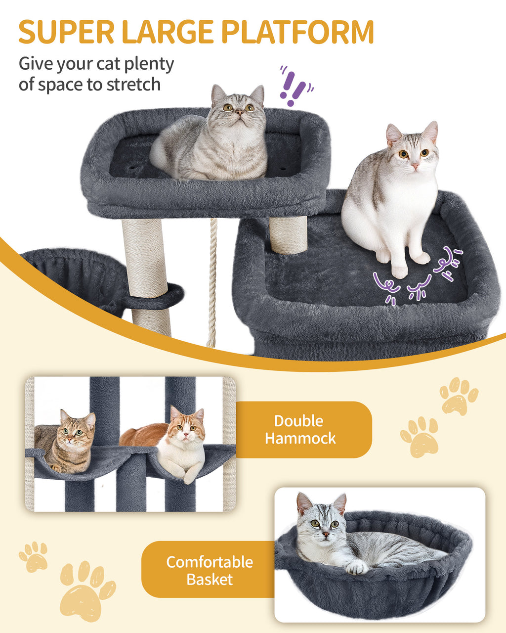 Hzuaneri Cat Scratching Post 200 cm XXL with 10 Scratching Posts, 2 Caves, 2 Hammocks, Large Platform, Cat Brushes, Basket, Heavy Cat Tree for Maine Coon, Large Cats, Dark Grey MS20018SG