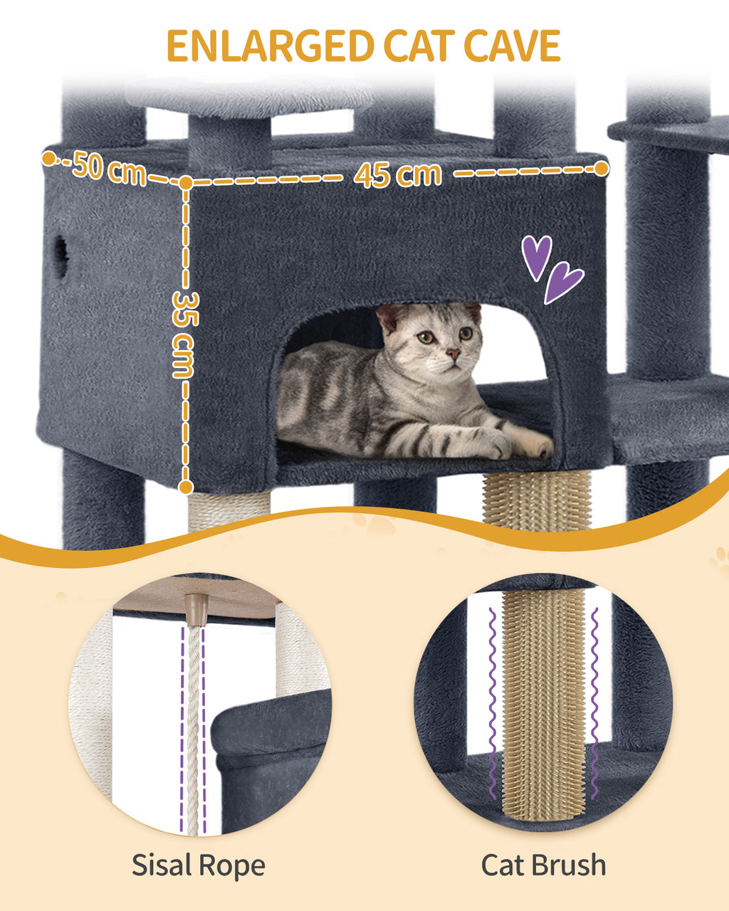 Hzuaneri Cat Scratching Post 200 cm XXL with 10 Scratching Posts, 2 Caves, 2 Hammocks, Large Platform, Cat Brushes, Basket, Heavy Cat Tree for Maine Coon, Large Cats, Dark Grey MS20018SG